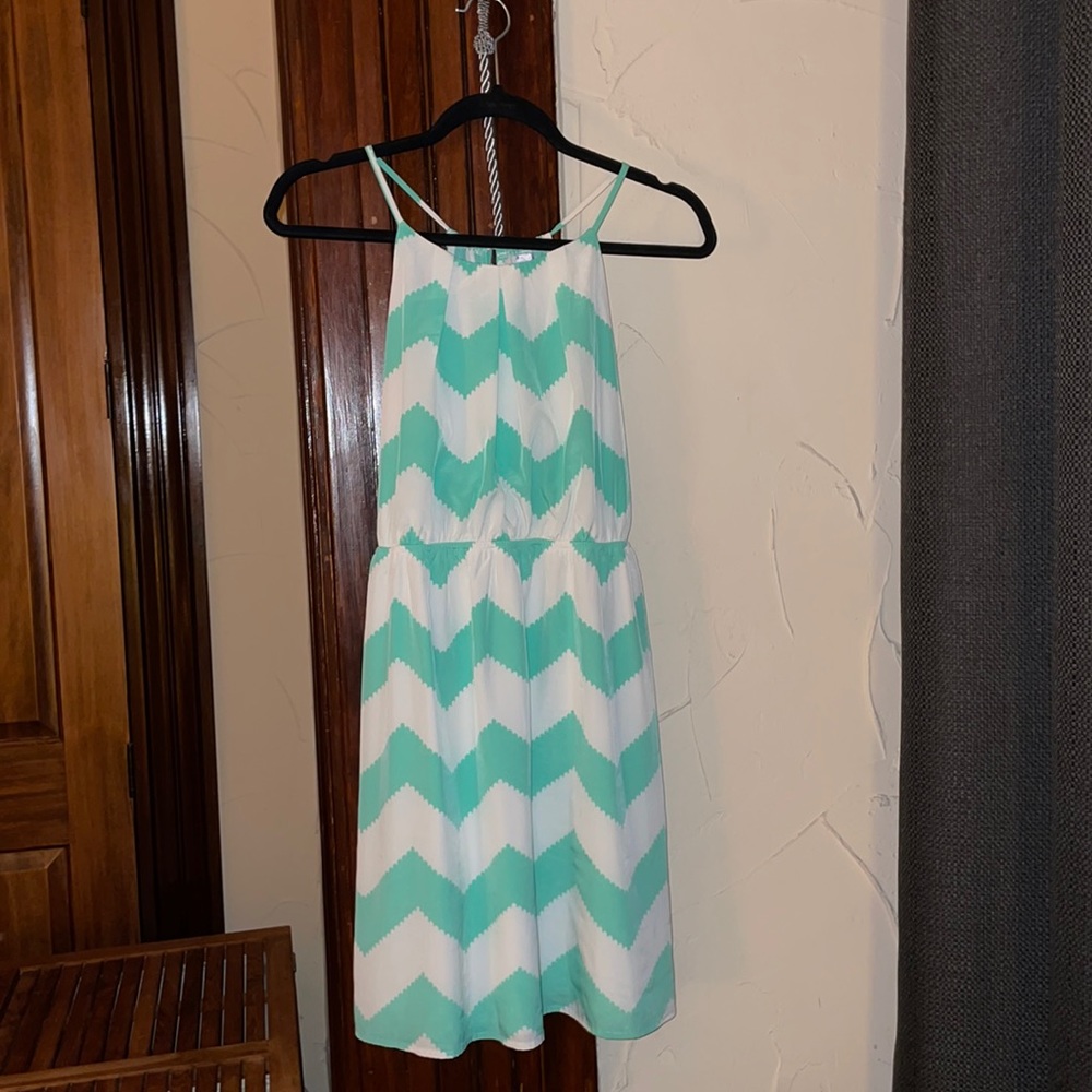 Alya white and turquoise chevron striped dress
